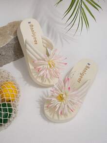 春夏EVA度假女神风坡跟拖鞋，沙滩花卉装饰女士厚底坡跟凉鞋 - 米色 - 查看 3