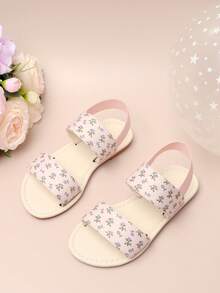 1 par de sandalias de verano con estampado floral ditsy para niños, con doble tira y tira elástica en la parte trasera, de punta abierta, planas y antideslizantes para la playa - Rosa - Ver 4