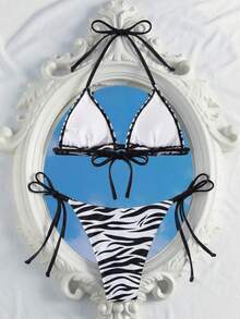 Bộ bikini hai mảnh phong cách cá tính dành cho nữ, họa tiết da báo đen trắng, thiết kế buộc dây cổ, tôn dáng vòng một, thích hợp chụp ảnh trên bãi biển. - Nhiều màu - Xem 3