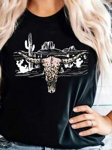 Womens Cow Skull & Desert Landscape Print-Shirt Western Cowgirl Cactus & Southwestern Formations Design Soft Stretch Casual Tee Short Sleeve Round Neck Spring Summer Fall PinkBeige - màu đen - Xem 2