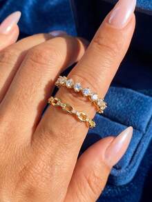 Bộ 1 nhẫn bạc 925 cao cấp, kiểu dáng tối giản, đính đá Cubic Zirconia, thích hợp cho nữ giới đeo hàng ngày, dự tiệc sinh nhật, làm quà tặng ngày Valentine và trong lễ cưới. - Vàng - Xem 3