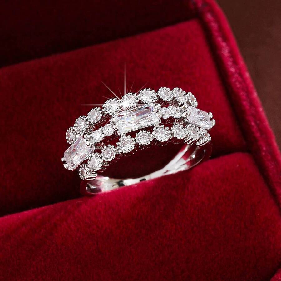 1 chiếc nhẫn nữ thiết kế tối giản hình chữ nhật và đường chấm chấm, đính đá Cubic Zirconia. - Nhiều màu - Xem 1