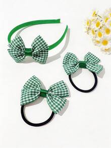 3pcs Girls' Casual Versatile Plaid Bow Hair Scrunchies Set, Suitable For Back To School Season & Daily Use - Green - View 2