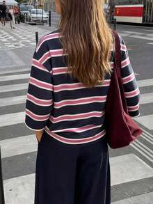 新款时尚优雅针织条纹短袖罗纹圆领休闲T恤，适合日常、上学、度假、早午餐等场合，粉色夏季款 - 粉色 - 查看 5