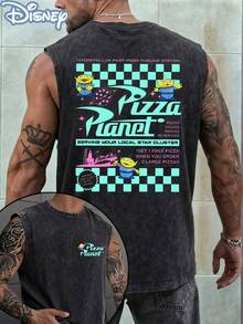 Disney Toy Story Pizza Planet Officially Licensed Men's Sleeveless Graphic Tee, 100% Cotton 230g Washed Vintage Casual Shirt - 黑色 - 查看 1