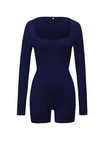 Women's Square Neck Solid Color Minimalist Jumpsuit - Long Sleeve Short Jumpsuit, Suitable Fitness, Versatile Outdoor Sports, Valentine's Day, Spring/Summer Long Sleeve Knit Jumpsuit Black Elegant - 海軍藍 - 查看 3