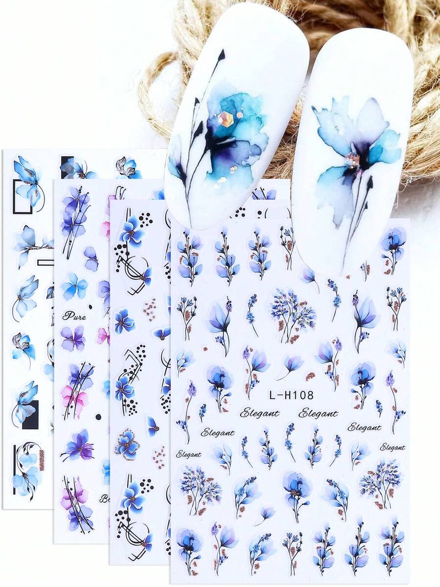 3D水彩花朵美甲贴纸4片装,渐变绽放墨蓝紫色花瓣几何条纹字母设计,DIY优雅时尚浪漫婚礼春夏花卉印花自粘美甲沙龙贴纸滑动式美甲装饰及用品,适合女性和女孩 - 彩色 - 查看 1