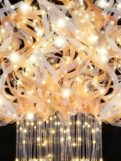 3pcs/Set Wedding Ribbon Glow Stick With Bell, LED Fairy Wand, Luminous Lace Wand For Wedding, Birthday Party, Graduation Ceremony, New Year Party, Concert (Champagne)