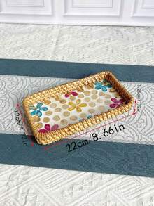 1 Khay mây đan thủ công trang trí vỏ sò và hoa nhiều màu sắc (20.66 x 10.72 cm) - Hộp đựng đồ hình chữ nhật kiểu INS sang trọng cổ điển, đa năng dùng cho nhà bếp/bàn ăn/bàn cà phê, tự nhiên và bền chắc. - Nhiều màu - Xem 37