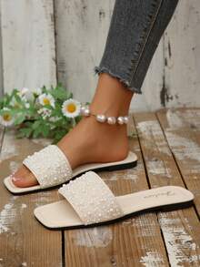 2024 Spring/Autumn Luxury Women's Flat Sandals, Low Heel Non-Slip Plus Size Rhinestone Slides, Versatile Slip-On Slippers For Outdoor Wear - Beige - View 6
