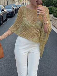 新款夏季女士金色金属针织开衫，露肩设计，不对称下摆，轻盈透气面料，略微宽松版型，适合各种身材，是度假或休闲场合的理想之选，展现波西米亚风情和性感魅力。 - 金色 - 查看 5
