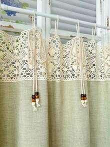 1 chiếc rèm cửa sổ kiểu Boho đan móc - Họa tiết hoa đan móc, phối với vải lanh xanh tươi, trang trí nơ đính hạt, rèm cửa sổ ngắn kiểu nông trại cho nhà bếp, phòng tắm, kiểu treo trên đỉnh. - màu xanh lá - Xem 3