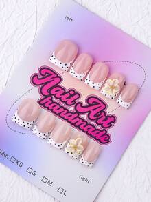 10 piezas de puntas de uñas cuadradas hechas a mano, estilo Y2K baddie, color nude y blanco con puntas francesas, lunares, decoración de lazos, piezas de uñas brillantes, adecuadas para fiestas, bodas y uso diario, incluye kit de herramientas, gran regalo para mujeres y niñas Uñas postizas - Blanco y Negro - Ver 3