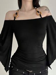 Sexy Off-Shoulder Ringed Wooden Beaded Halter Top For Women With Bell Sleeves, Irregular Niche Hot Girl T-Shirt, Ruched Slim-Fit  Style - 紫色 - 查看 11