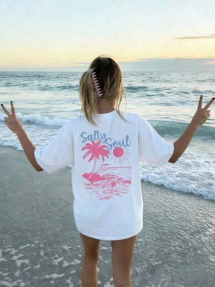 Estilo Y2K, estilo moderno, lo más nuevo de 2026, estilo lindo, estilo casual. SALTY SOUL Camiseta de manga corta con cuello redondo y estampado de cocotero y sol para mujer, primavera/verano, versátil y a la moda, esencial para uso diario y vacaciones.Camiseta Estampada de Vacaciones para Mujer, 100% Algodón, 180g (Tallas S-XXXL) - Blanco - Ver 1