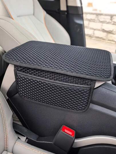 Juego de fundas para reposabrazos de coche universal, fabricado en tela de malla de panal 3D, transpirable, absorbente del sudor, antideslizante, con bolsillos de almacenamiento a ambos lados para teléfono, llaves, etc., diseño de rejilla de masaje para el reposabrazos de la consola central, accesorios para el interior del automóvil
