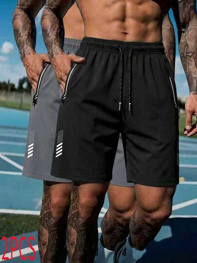 2 piezas Pantalones cortos casuales de hombre de color negro sólido con cordón de contraste, hechos de tela de poliéster resistente a las arrugas y que se pueden usar sin planchar después del lavado a máquina, adecuados para ir y venir y salidas ligeras; la cintura con cordón de contraste es práctica (ajuste de la tensión) y elegante, con bolsillos laterales ocultos para guardar de forma segura su teléfono, llaves y otros artículos esenciales diarios.