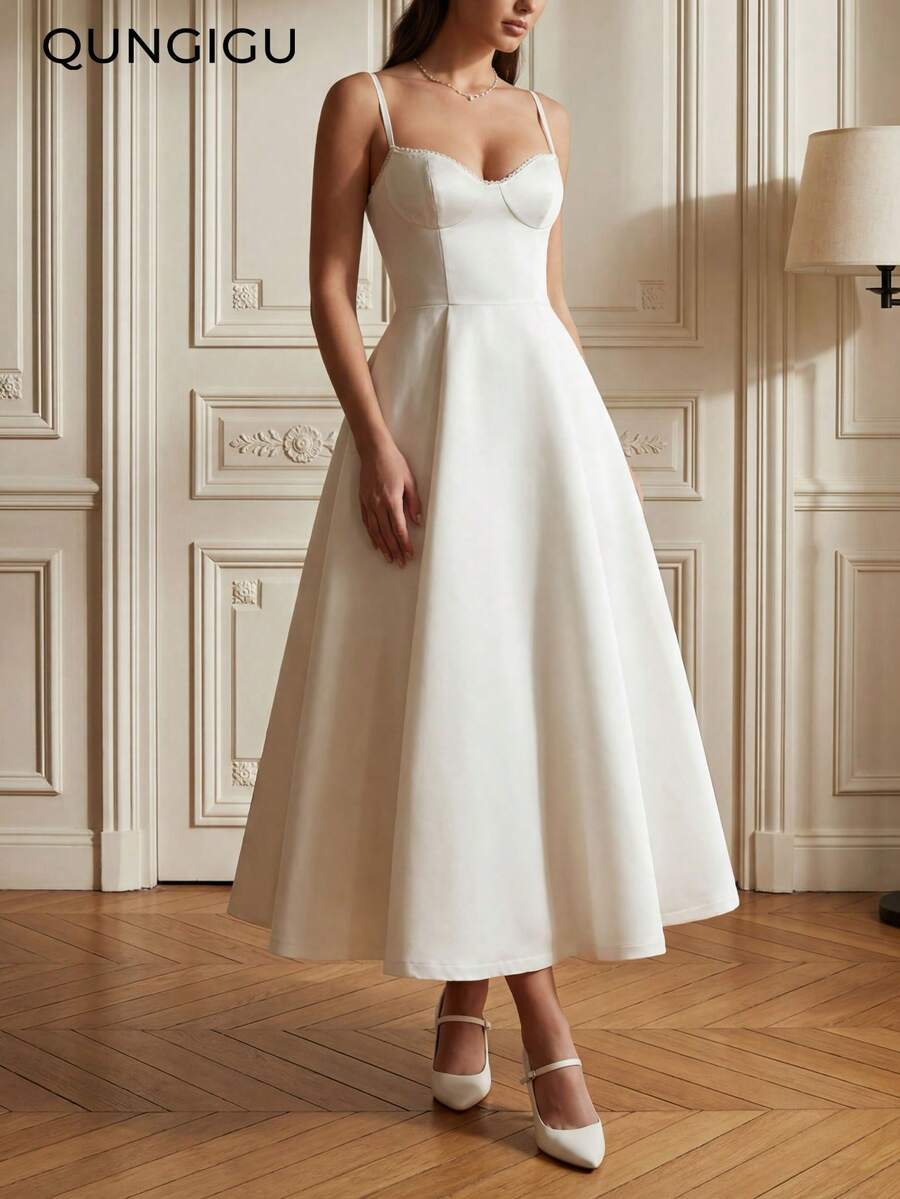 QUNGIGU Đầm satin cổ điển không dây vai dành cho nữ, đầm cocktail dáng chữ A ôm sát không tay thanh lịch, đầm dự tiệc cưới mùa hè thướt tha, đầm trắng dành cho nữ, trang phục nữ thanh lịch, đầm dự tiệc sang trọng, đầm dạ hội trang trọng. - trắng - Xem 1