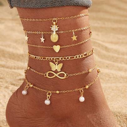 Set de 5 piezas Tobillera estilo bohemio con piña, perla y mariposa, joyería para mujer, chapada en oro, adecuada para uso diario, boda, fiesta, regalo