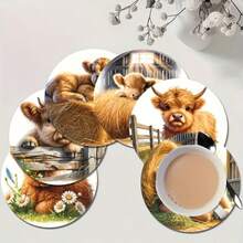 Bộ 6 đế lót ly bằng gỗ tròn in 2D hình bò cao nguyên, thích hợp cho sân hiên, nhà bếp, phòng khách, các buổi họp mặt gia đình, trang trí bàn ăn, quà tặng cho bạn bè và gia đình vào các dịp lễ, thích hợp cho Ngày Valentine, đám cưới, sinh nhật, phụ kiện trang trí nhà cửa cho tiệc tùng, món quà tuyệt vời nhất dành cho bạn bè. - Nhiều màu B - Xem 3