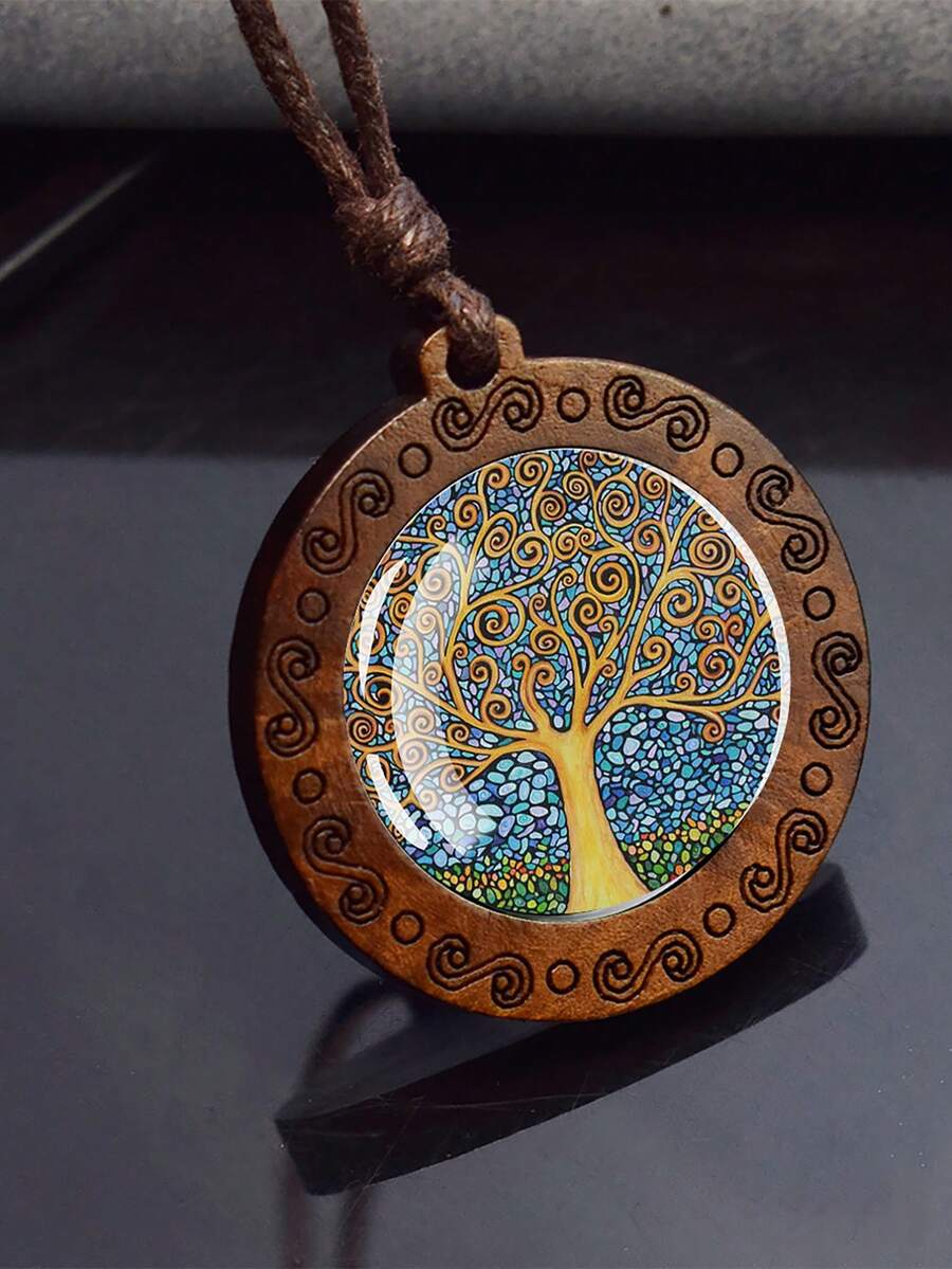 1pc Vintage Tree Of Life Glass Wooden Pendant Rope Chains Necklace For Men And Women - Style4 - View 1