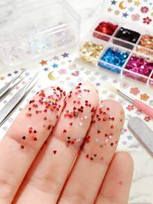 Holographic Small & Large Star, Heart Shaped Nail Glitters, Laser Mixed Mini Pentagram & Heart Sequins, DIY Nail Art Decorations Nail Charms - Red and White - View 7