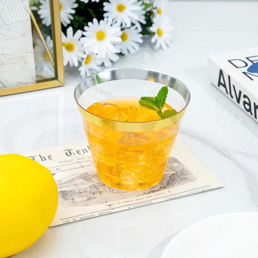 Bộ 10/20/25/50/100/200 chiếc ly sâm panh trong suốt viền vàng 9oz, ly cocktail tái sử dụng, thích hợp cho năm mới, Giáng sinh, tiệc tùng, đám cưới, sinh nhật, Ngày lễ tình nhân và các sự kiện trường học.