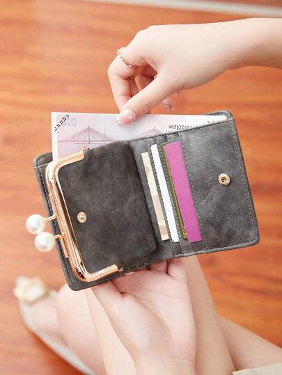 MIYIN Women's Cute Imitation Pearls Kiss Lock Small Wallet PU Trifold Purse With Credit Card Slot & ID Window For Credit Card/ ID Card/ Money/ Cash/Coin Lightweight Portable Clutch Card Holder Coin Purse For Lady For Girl Teen Girls Students,Gifts