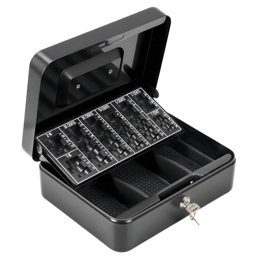 10 Inch Black Metal Cash Box, Lockable Money Organizer With Coin Tray - Portable - View 1