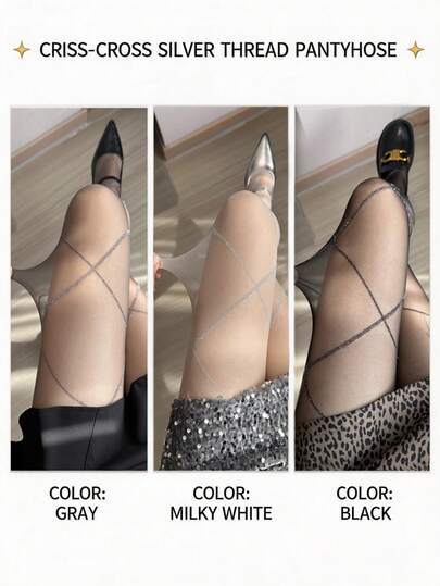 1 chiếc quần tất lưới đan chéo hình kim cương bằng chỉ bạc, màu trắng sữa tinh khiết, ôm sát, bóng bẩy với họa tiết kim cương.