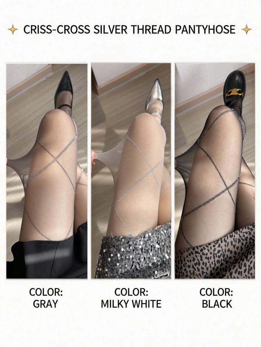 1件新款交叉菱形网眼银线连裤袜，纯乳白色显瘦闪亮菱形图案紧身裤袜 - 彩色 - 查看 1