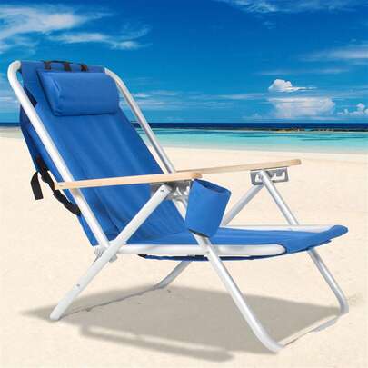 Portable High Strength Beach Chair With Adjustable Headrest Blue