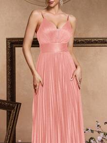Women's Elegant High Waist Pleated V-Neck Sleeveless Dress, Luxurious Metallic Knit Fabric, Oversized A-Line Silhouette, Suitable For Cocktail Party, Wedding, Anniversary, Formal Celebration, Bridal, Mother Of The Bride Gown (Heavy Embellishment) Spring - Baby Pink - View 8