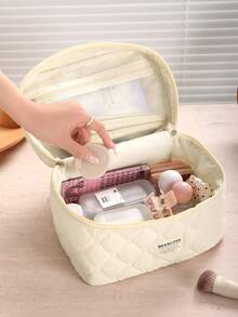 1 pieza Bolsa de cosméticos acolchada con relieve en beige, de textura suave, lavable y fácil de limpiar, bolsa de maquillaje vintage de gran capacidad y organizador de viaje, bolsa de almacenamiento multifuncional para lápiz labial, toallas sanitarias, monedas, llaves, etc., bolsa de maquillaje de espuma minimalista y cómoda, con diseño de cremallera, ligera y esponjosa, adecuada para el nuevo período escolar, el Día de la Madre, el cumpleaños, la primavera/verano, el aniversario, las vacaciones, el regreso a la escuela, estuche de cosméticos - Beis - Ver 11