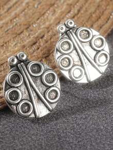 1 Pair Fashionable & Creative Round Stud Earrings With Unique Insect Pattern, Suitable For Daily Wear And Vacation, A Perfect Surprise Gift For Her - Antique Silver - View 8