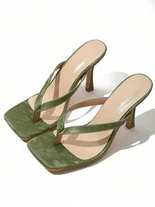 Classic Minimalist Striped Thong Women High Heel Sandals,Spring Summer Outfits - Green - View 4