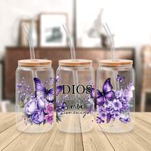 4件套 西班牙语基督教UV DTF杯贴（9.4x4.3英寸），圣经经文蝴蝶花卉图案，女性信仰语录，适用于16盎司玻璃杯，防水转印贴纸，DIY宗教礼物 - SPBible 03 - 查看 6