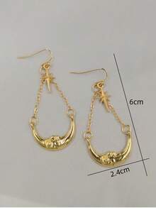 1 Pair Vintage Exotic Starburst & Crescent Moon Chain Earrings, Versatile Daily Wear For Women - Gold - View 5
