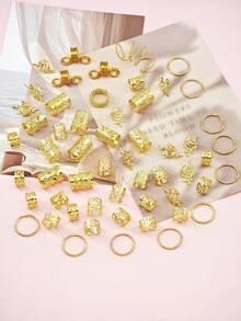 55pcs Multi-Shape Stretchy Hair Ties - Adjustable Alloy Hair Clips, Bohemian Style Unisex Hair Accessories - Gold - View 3
