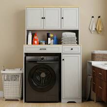 Over The Washer Dryer And Robot Vacuum Storage Cabinet Suitable For Compact Washing Machines Laundry Room Storage Organizer With 1 Laundry Basket 1 Drawer And 2 Adjustable Shelves-Antique White - Trắng + MDF1 - Xem 2