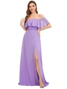 EVERPRETTY Elegant Off Shoulder Ruffle High Slit Bridesmaid Dress Wedding - Lilac Purple - View 6