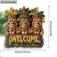 1pc Wooden Tiki Welcome Sign, Tiki Statue Hanging Wall Decor, Tropical Hawaiian Style Door Plaque, Summer Hawaii Party Decoration, Indoor Outdoor Home Garden Patio Tiki Bar Decor, Rustic Wood Hanging Ornament For Poolside, Luau Party, Backyard, Living Room, Entryway - Multicolor - View 2