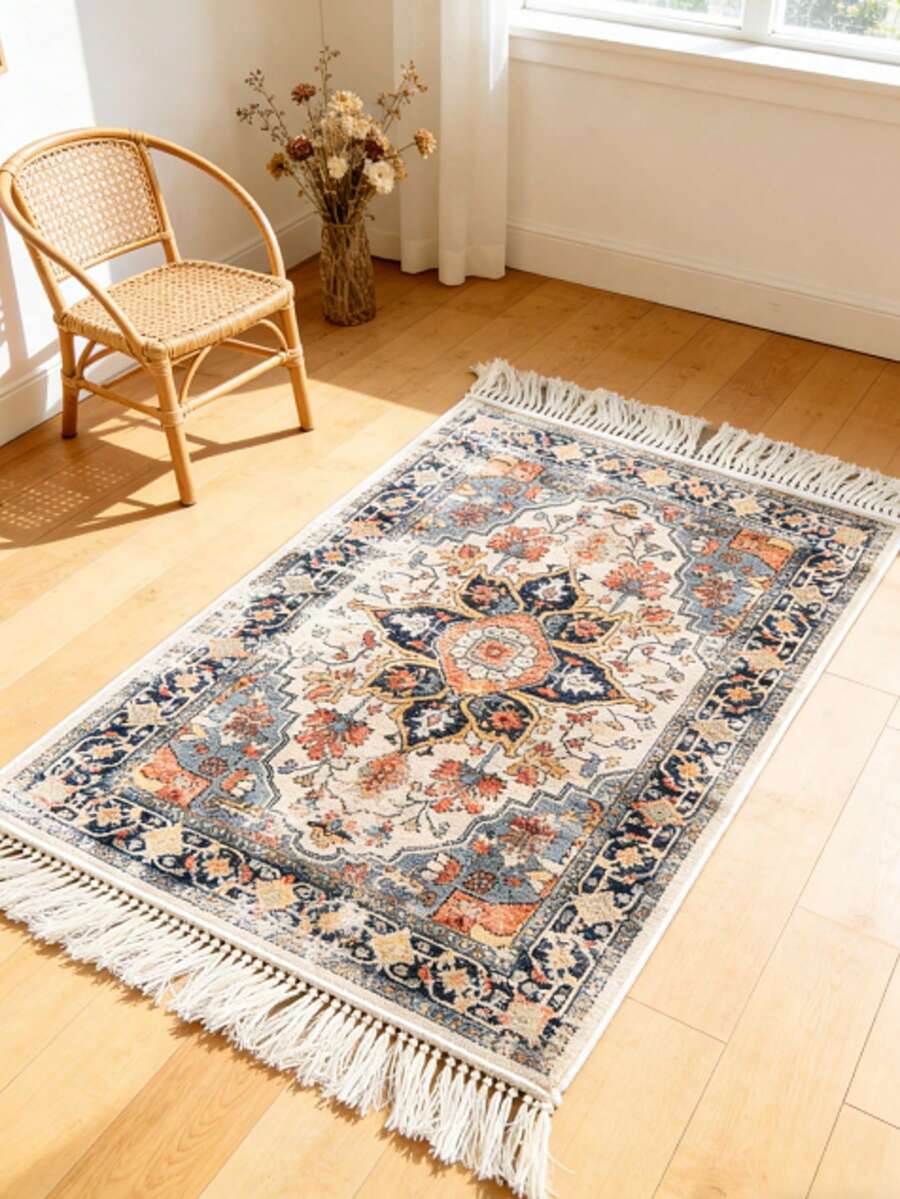 1pc Vintage White Tassel Rug, Decorative Carpet, Bedroom Decor, Small Rug, Carpet, Home Decor, Living Room Carpet, Living Room Small Rug, Bedroom Rug, Living Room Home Decor, Outdoor Rug, Washable Rug - Multicolor - View 1