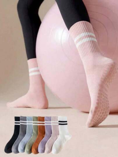 1 par de calcetines deportivos de yoga antideslizantes y transpirables, con rayas simples hasta el tobillo, adecuados para el hogar, el gimnasio, deportes al aire libre, yoga, danza, pilates e interior, con absorción de impactos
