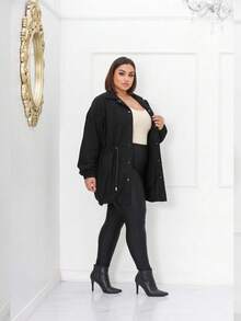 Plus Size Winter Overcoat In Bengaline Fabric With Drawstring, Zipper, And Button Closure. This Winter Parka Coat/Blouse Is Perfect For Sizes G1, G2, And G3. - màu đen - Xem 4