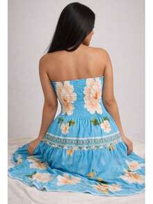 July Strapless Tropical Dress In Various Prints, 2025 Collection - flores azules - Ver 2