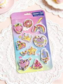paquete de pegatinas con purpurina líquida brillante 3D, diseños lindos con brillos - Frutas tropicales, animales marinos, unicornios, postres, patrones de arcoíris pastel, pegatinas transparentes rellenas de líquido DIY para diario, planificador, álbum, decoración - Multicolor - Ver 12