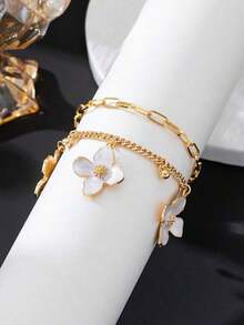 1Pc White Bohemian Anklet For Women, Handmade Oil Drop Four-Petal Flower Multilayer Summer Jewelry - màu đen - Xem 6