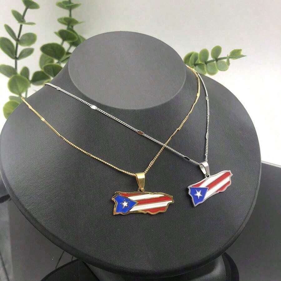 Puerto Rico Map Flag Pendant Necklaces Stainless Steel Gold/Steel Color Puerto Ricans Patriotic Jewelry - PR-pD - 查看 1