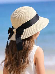 1 Peça Chapéu de Sol de Aba Larga com Laço Preto para Meninas de 2-6 Anos, Chapéu de Praia de Verão Fofo com Proteção UV para Crianças Pequenas em Viagens ao Ar Livre - Laço de fita - Visão 4